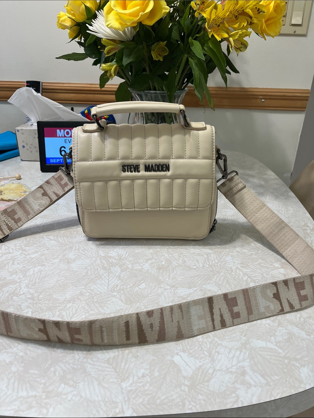 Steve Madden Cream Quilted Top-Handle Crossbody